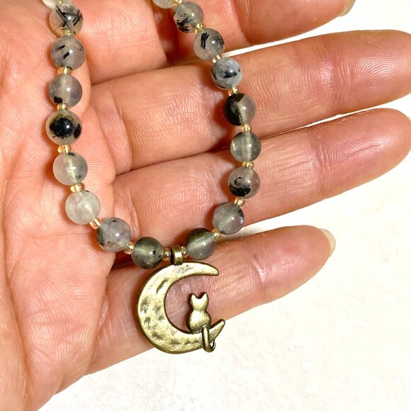Genuine Prehnite Bronze Cat on the Moon Necklace, Gemstone Beaded Necklace - Picture 11 of 11